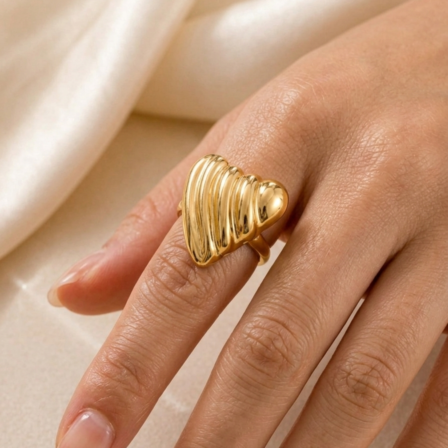 Gold Ribbed Heart Statement Ring | Romantic Chic Jewellery for Dates & Gifting