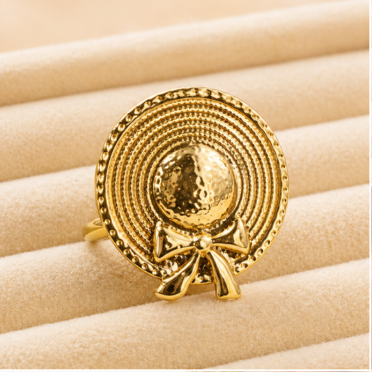Vintage Gold Sun Hat Statement Ring – Unique Bow Detail Wide Brim Cocktail Ring