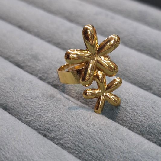 Gold Double Bloom Floral Statement Ring | 18K Gold Plated Puffed Flower Ring
