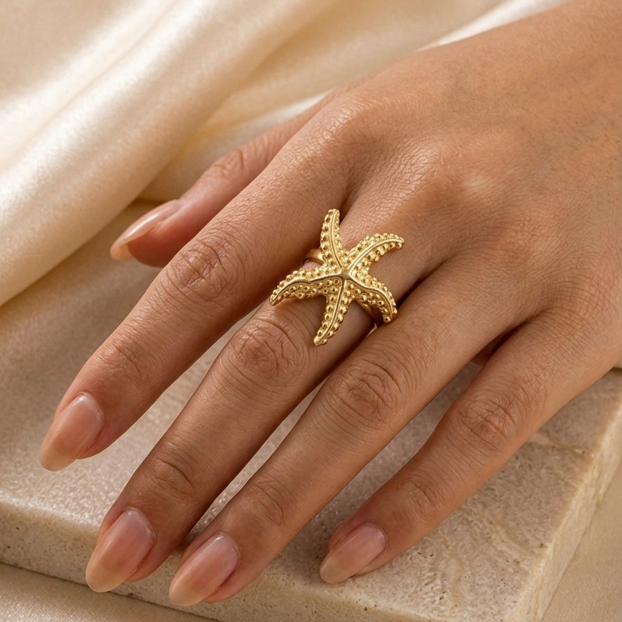 Elegant 18K Gold Plated Starfish Statement Ring – Nautical Summer Jewelry