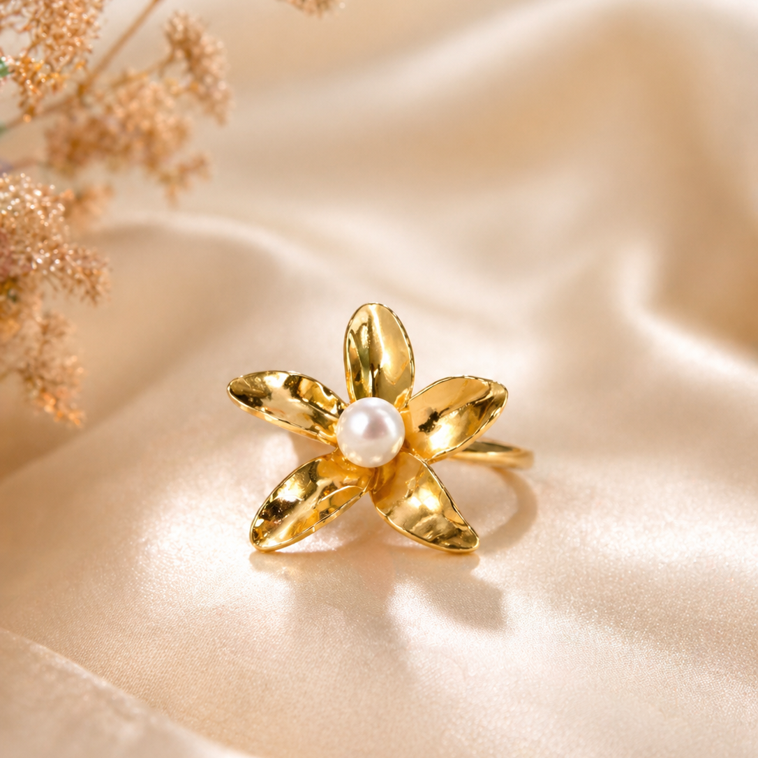 Gold Flower Ring with Pearl Center - Textured Petal Statement Ring