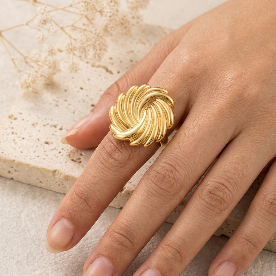 18K Gold Plated Swirl Statement Ring | Ribbed Sunburst Cocktail Ring