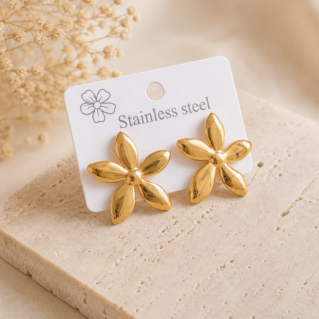 Gold-Plated 3D Floral Stud Earrings - Stainless Steel 5-Petal Flower Jewellery