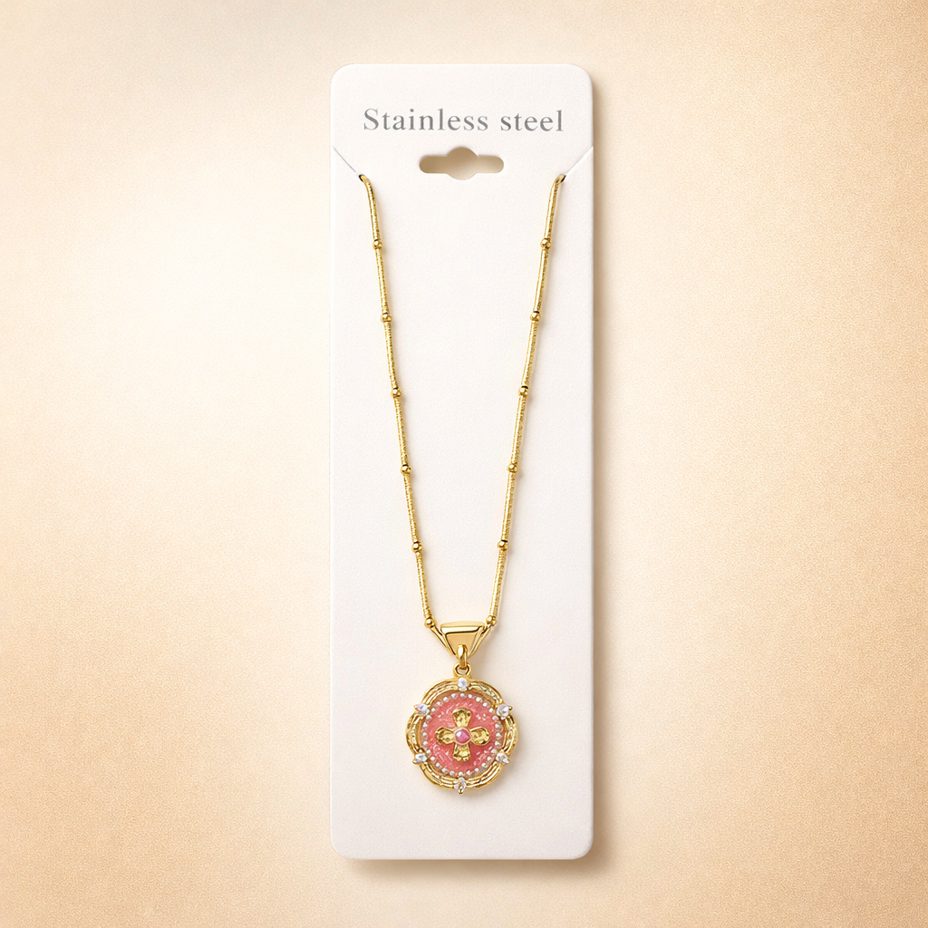 Empress Rose Enamel Medallion – Gold Cross Vintage Coin Pendant Necklace
