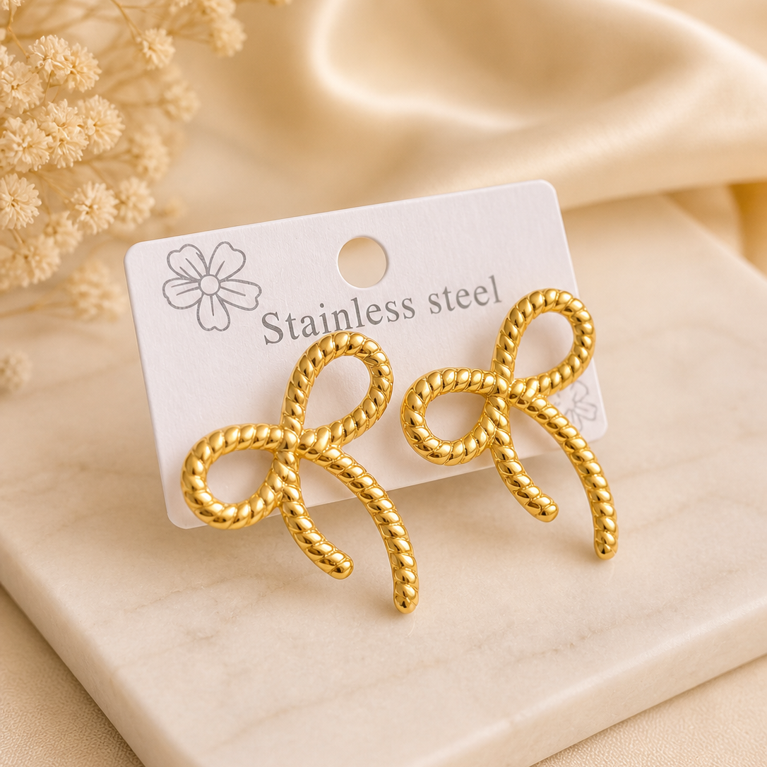 Gold Twisted Rope Bow Stud Earrings – Coquette Ribbon Statement Jewelry