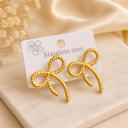 Gold Twisted Rope Bow Stud Earrings – Coquette Ribbon Statement Jewelry