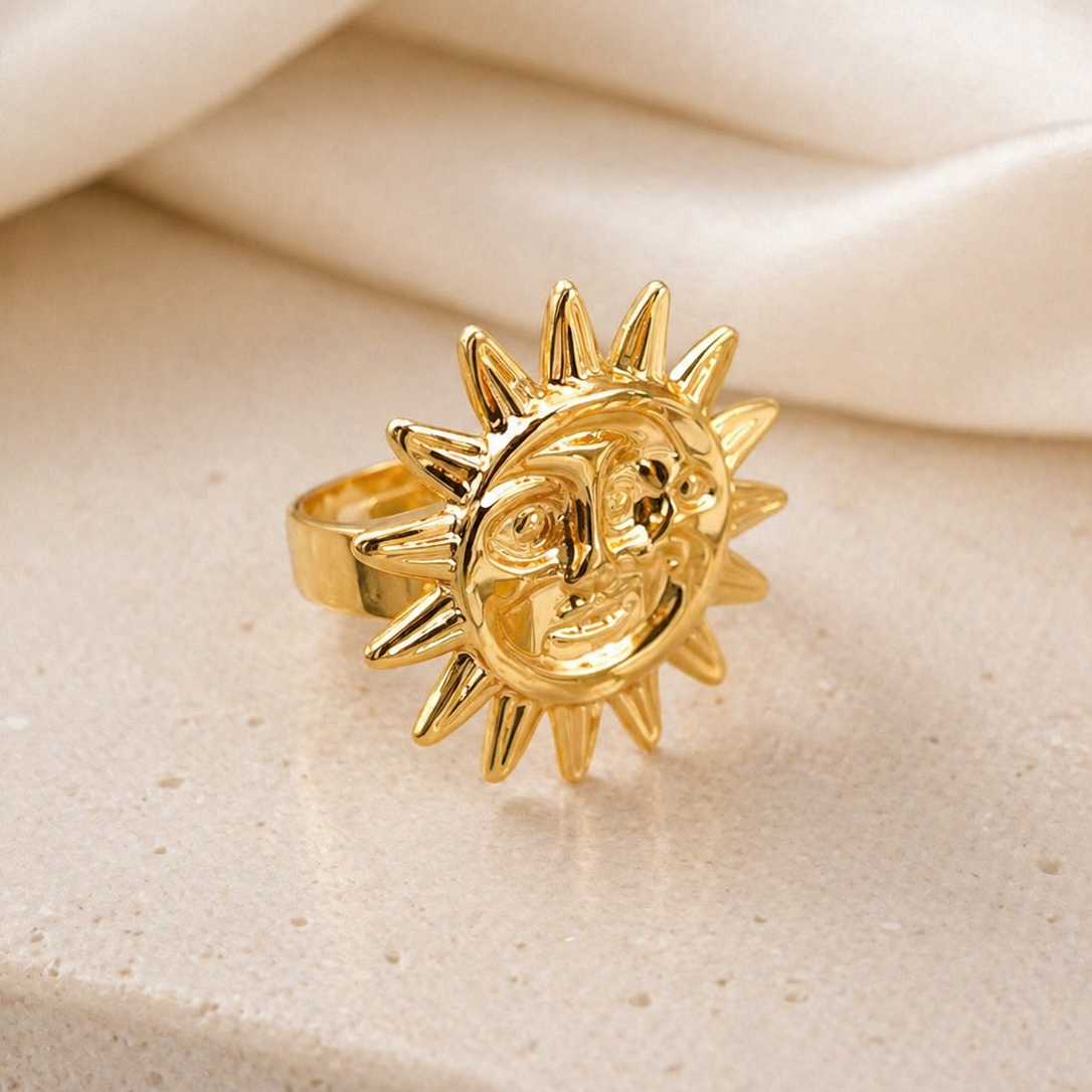 Gold Sun Face Statement Ring | Celestial Bohemian Jewellery for Festivals & Gifting