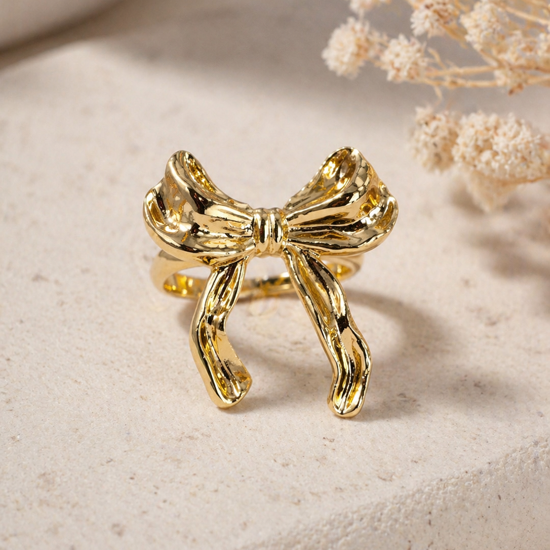 Gold Molten Bow Statement Ring | 18K Gold Plated Ribbon Design Jewellery