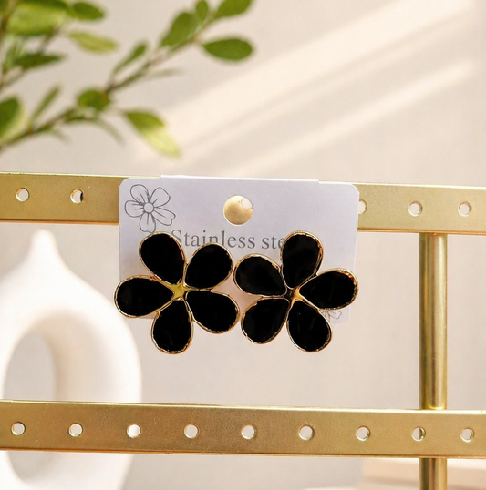 Bold Black 5-Petal Flower Statement Studs - Tarnish-Free Gold & Enamel Earrings