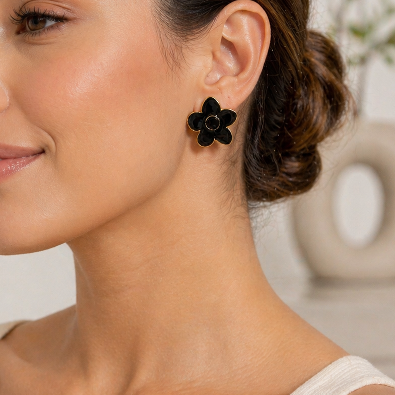 Vintage-Inspired 5-Petal Floral Studs | Hypoallergenic Black & Gold Earrings
