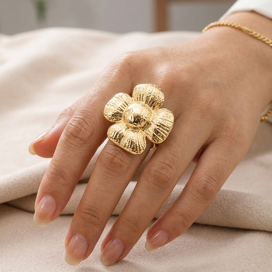 Gold Textured Floral Statement Ring | Elegant Botanical Style for Weddings & Parties