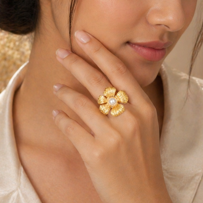 Gold Hammered Wave Statement Ring | Modern Minimalist Jewellery for Parties & Gifting