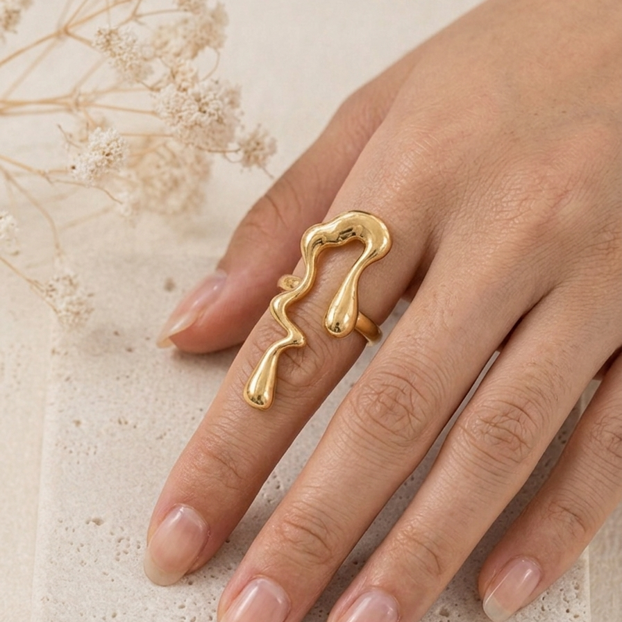 Gold Molten Liquid Drip Statement Ring | Organic Sculptural Abstract Jewellery
