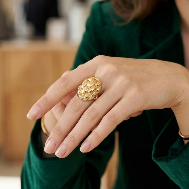 Luxe Woven Gold Knot Statement Ring – Textured Dome Braided Cocktail Ring