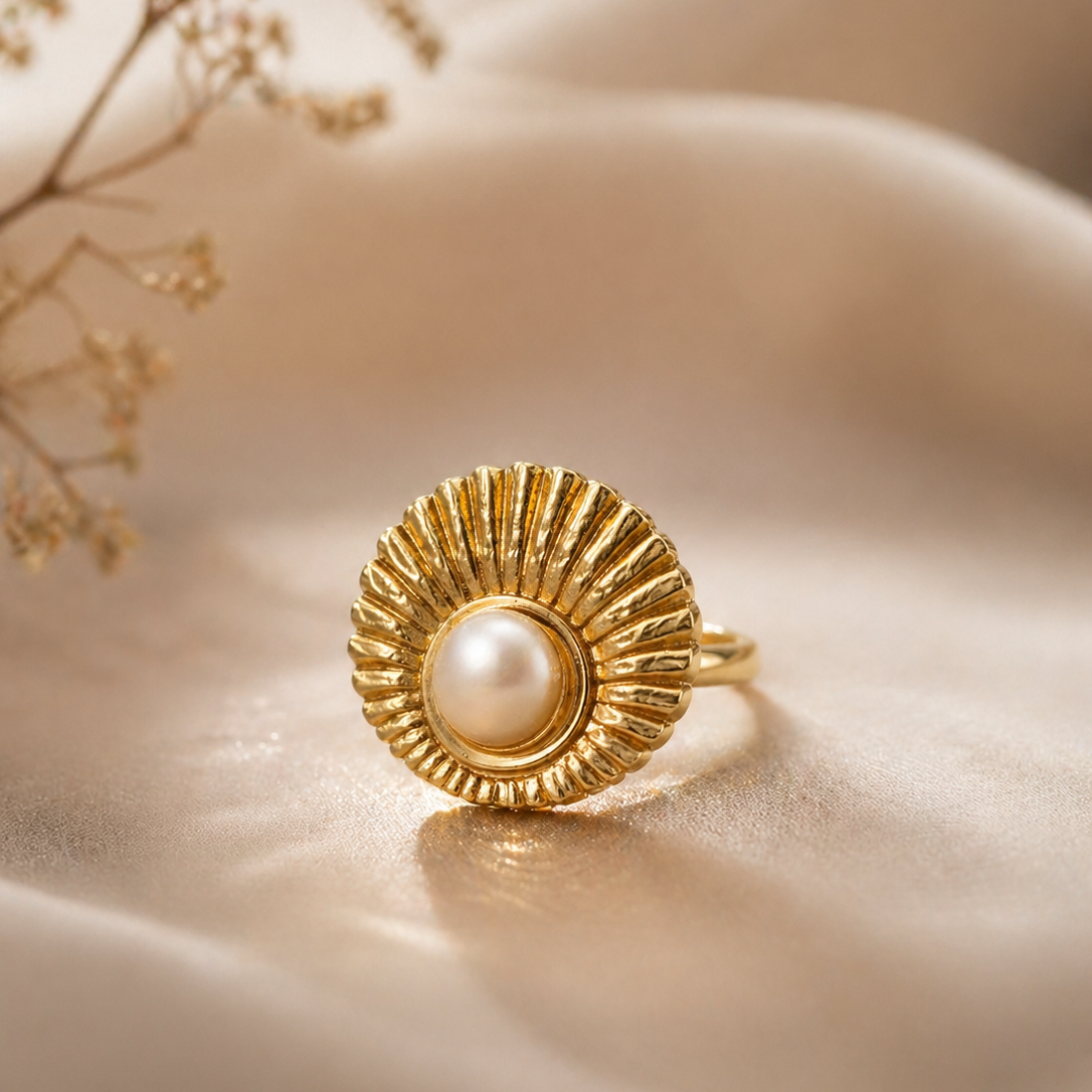 Gold Ribbed Halo Pearl Ring – Artisan Handcrafted Jewelry