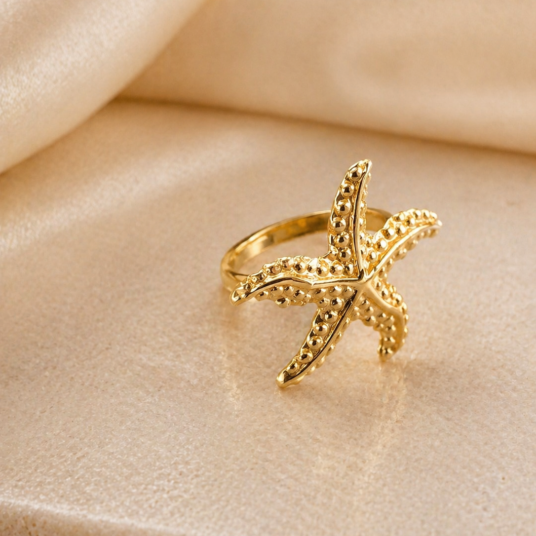 Elegant 18K Gold Plated Starfish Statement Ring – Nautical Summer Jewelry