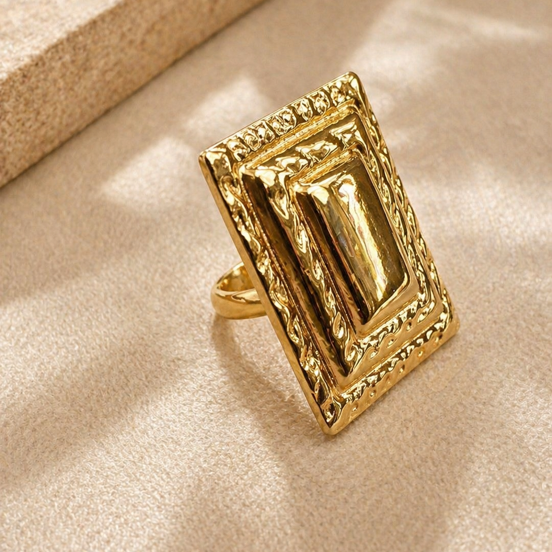 Gold Tiered Rectangle Shield Ring | Bold Architectural Statement Jewelry