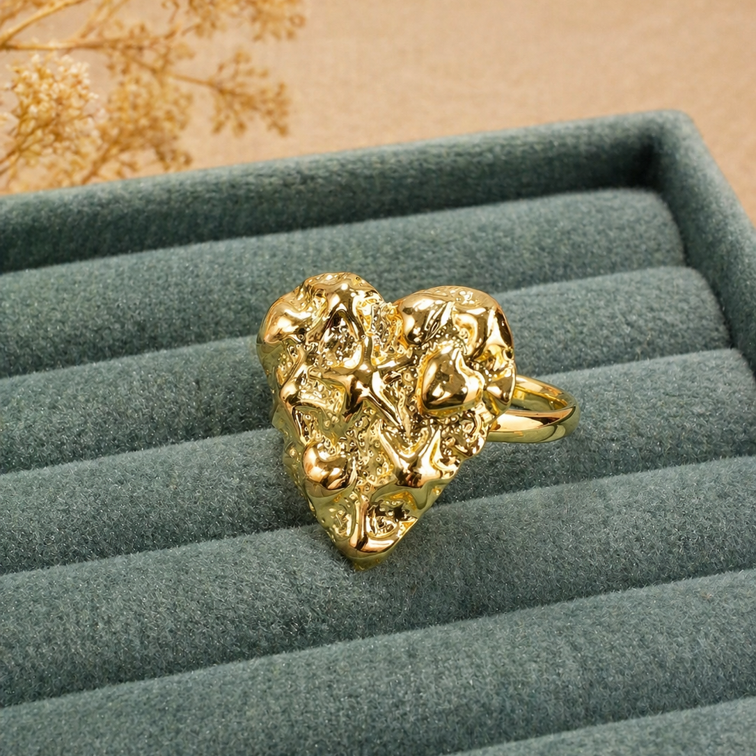 Gold Molten Heart Statement Ring – Textured Abstract Love Cocktail Ring
