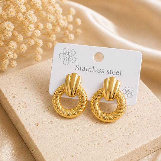 Gold Twisted Hoop Earrings with Fluted Shell Post | Stainless Steel Statement Earrings
