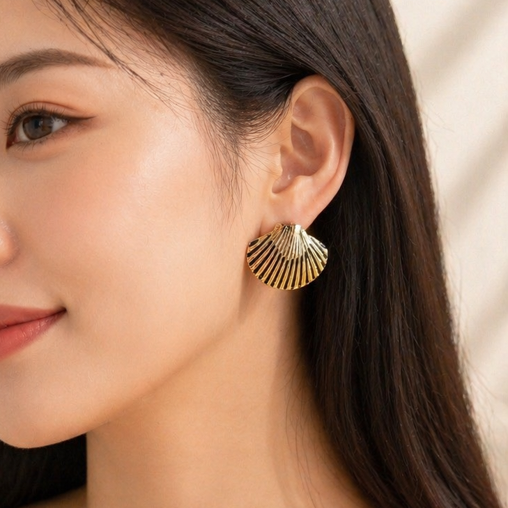 Gold Scalloped Seashell Statement Earrings | Stainless Steel Ribbed Fan Studs
