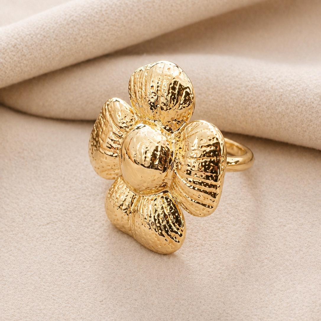 Gold Textured Floral Statement Ring | Elegant Botanical Style for Weddings & Parties