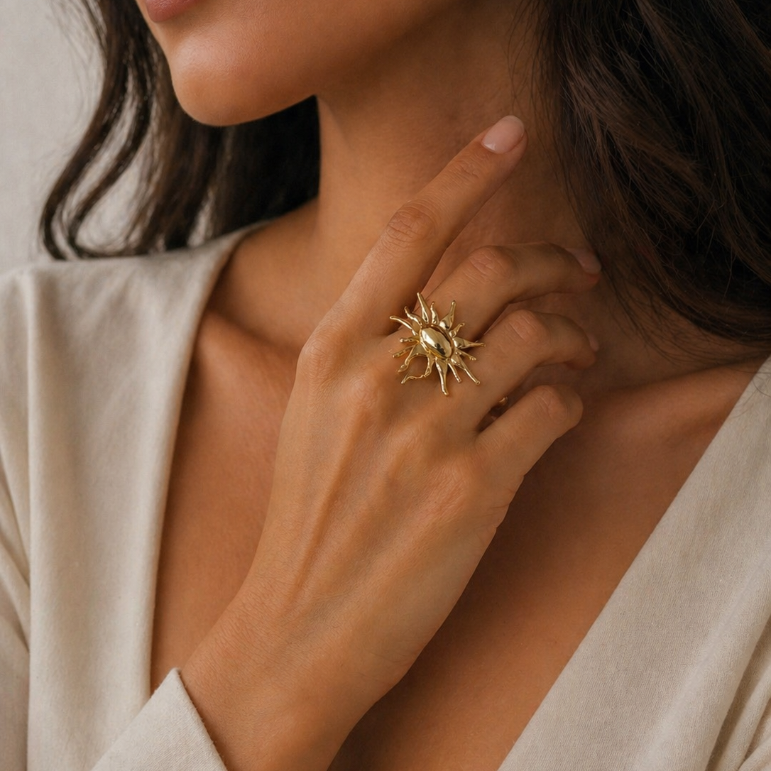 Gold Sunburst Statement Ring – Celestial Abstract Flare Cocktail Ring