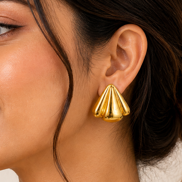 18K Gold Plated Stainless Steel Seashell Stud Earrings | Bold Ribbed Fan Earrings