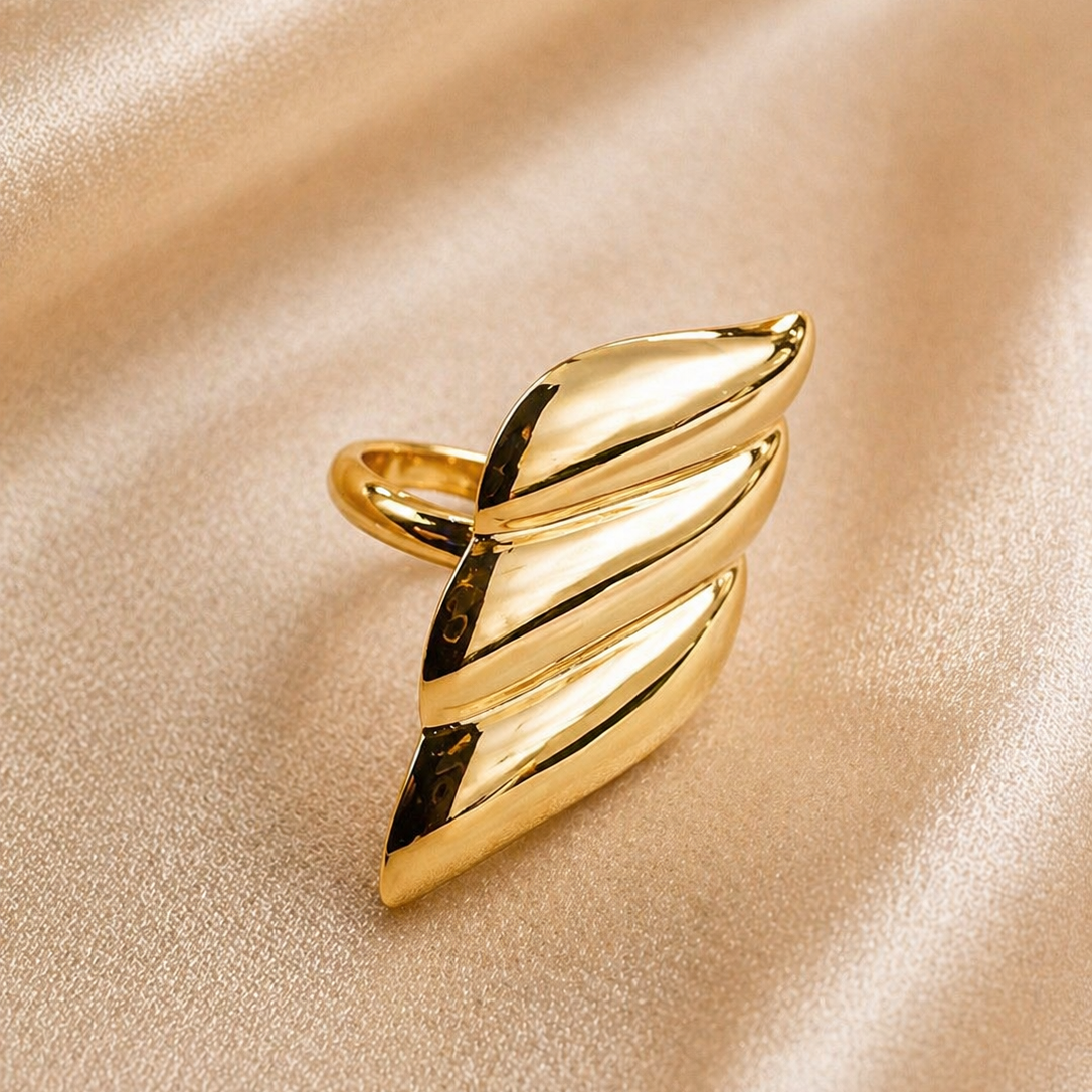 Gold Triple Leaf Wrap Ring - High Shine Botanical Statement Jewelry