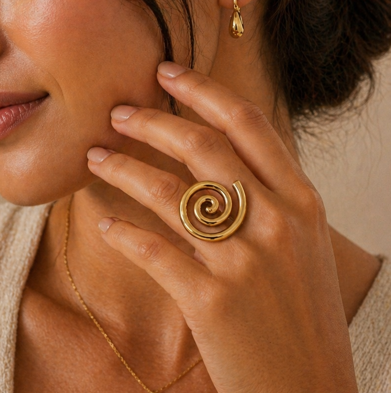 Gold Minimalist Spiral Statement Ring – Modern Abstract Swirl Cocktail Ring