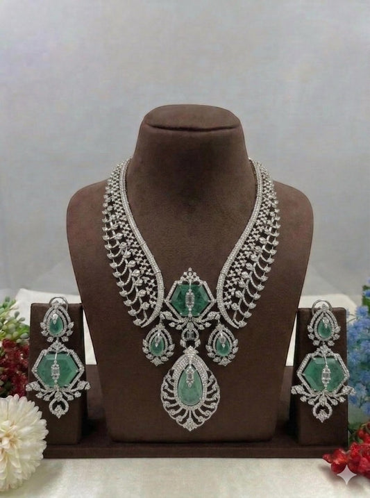 Shyama Fancy Jewellery Rukmini Jaipuri Moissanite Kundan Necklace set with green emeralds and white diamonds.